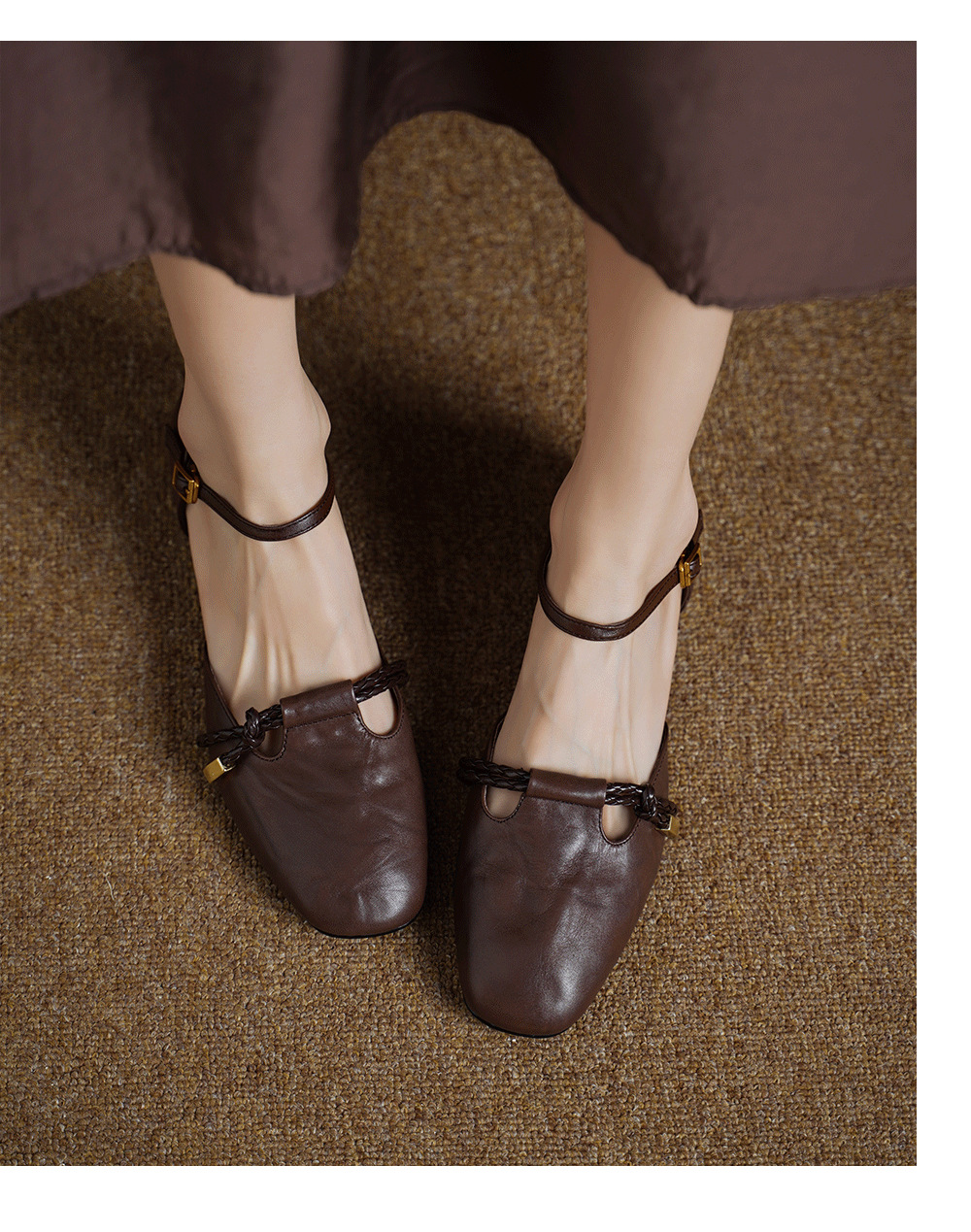 Sandal nữ gót thấp 3 cm quai ngang một khóa, mũi kín gót kín kiểu dáng thanh lịch — Màu nâu (cao 3cm) chi tiết 7