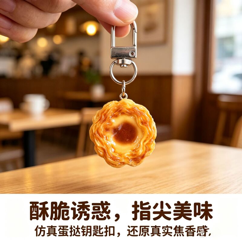 Puff pastry layered egg tart keychain bag pendant accessory hanging chain zipper decoration simulated food car pendant decoration Puff pastry layered egg tart keychain bag pendant accessory hanging chain zipper decoration simulated food car pendant decoration