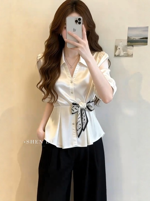 Áo sơ mi lụa trắng kiểu Pháp tay ngắn, thắt lưng lụa, dáng suông gầy — màu trắng