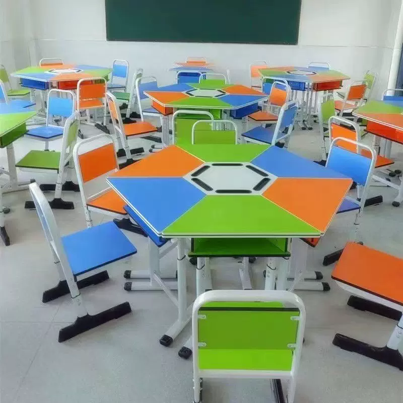 学生课桌美术阅览桌彩色拼接六边桌梯形桌扇形组合桌长条活动桌