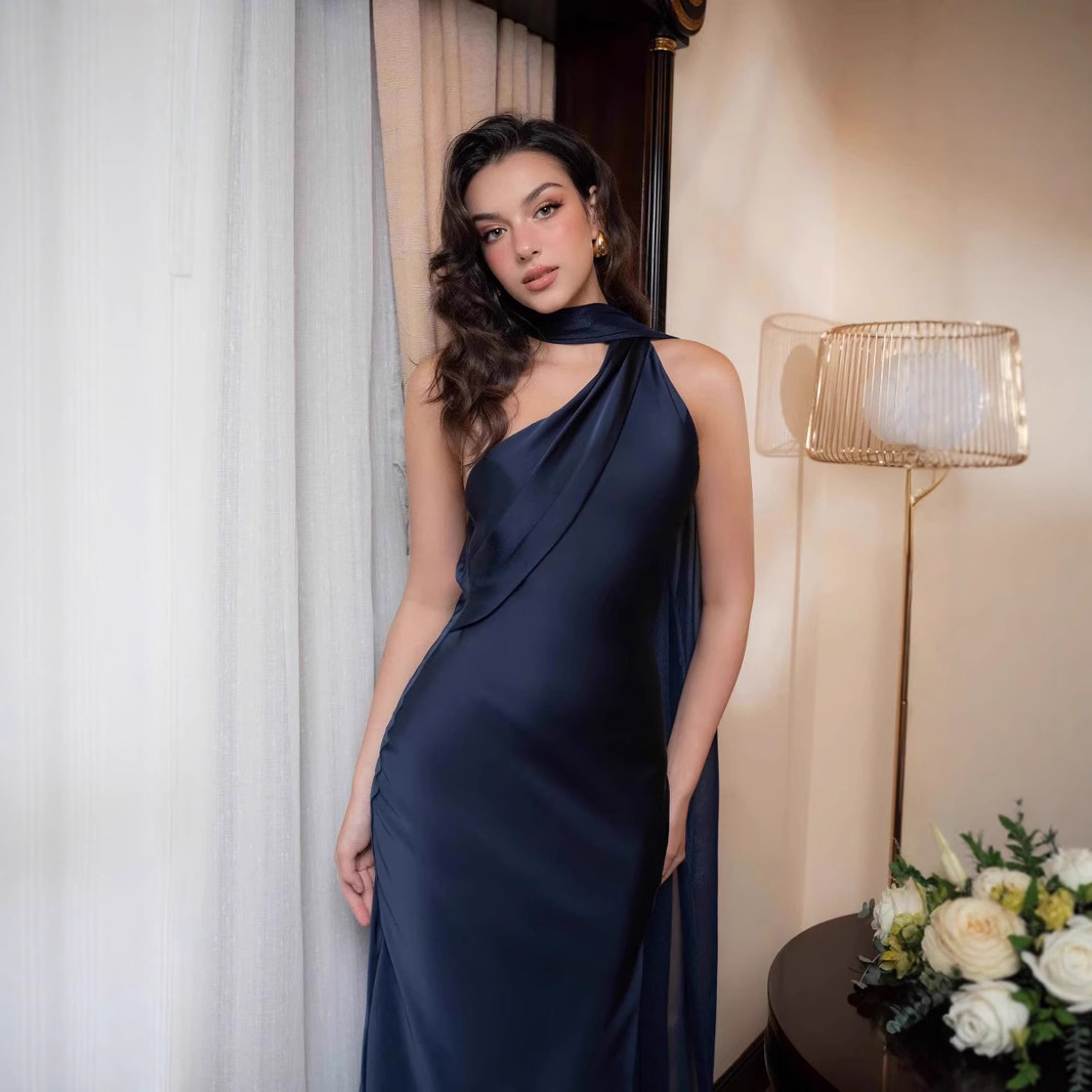 Elegant Socialite One‑Shoulder Satin Mermaid Slimming Bodycon Long Party Dress_ecoleips.com
