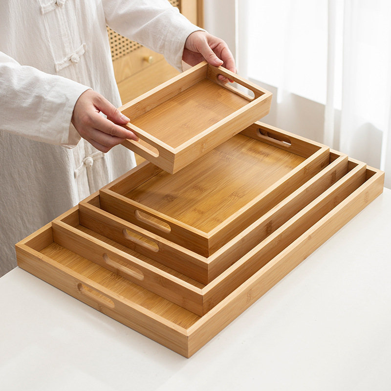 High-End Afternoon Tea Coffee Snack Storage Tray Commercial Accessible Luxury Walnut Color Bamboo Handle Tea Tray Tableware Bamboo Tray