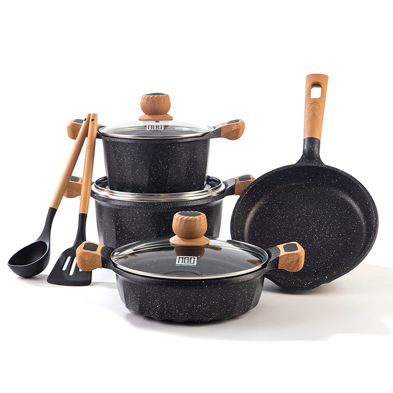 MGC Francia 9 piezas cocina casera antiadherente fondo plano destilado de aluminio horno electromagnético de fuego abierto olla de arena general