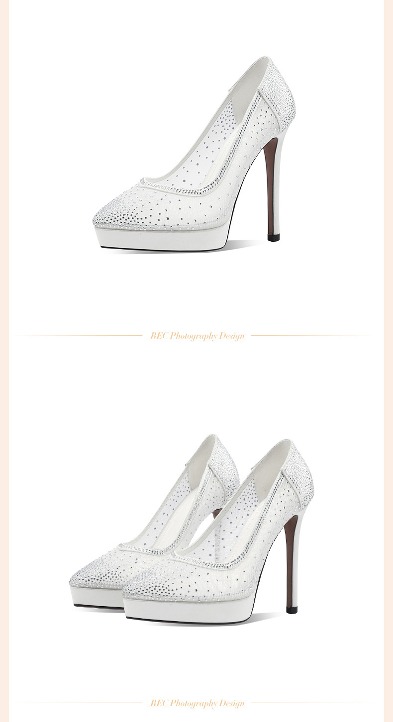 Giày cao gót nữ mũi nhọn da thật đế platform gót siêu cao 12 cm, phối lưới đính đá rhinestone — đen chi tiết 11