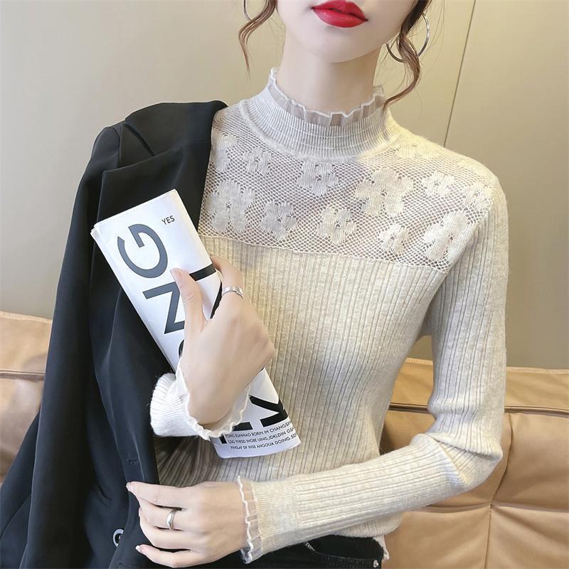 レースの上着の女性の春秋の婦人服の2025年の新型の洋気は長袖のニットのプルオーバーのセーターの底のシャツに入ります。|undefined