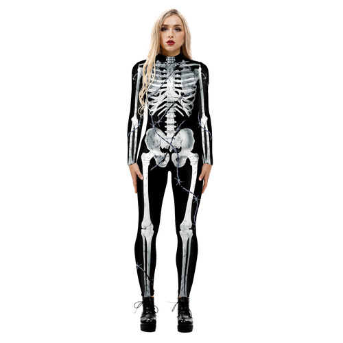Cross-border skeleton 3D digital printing Halloween cosplay costume women's tight long-sleeved jumpsuit