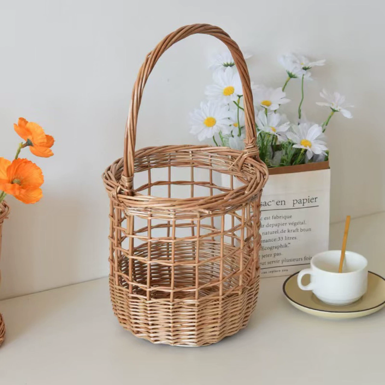 Плетеная корзина для фруктов, корзина из ротанга для имбиря и чеснока, корзина для цветов во французском стиле, подвесная корзина, плетеная корзина для хранения на кухне.