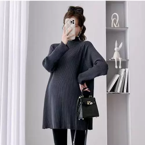 Свитер для беременных, длинная Осенняя корейская модная Свободная трикотажная мягкая Вощеная внутренняя Базовая рубашка с высоким воротником, осень и зима