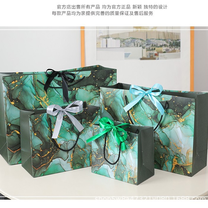 新品墨绿色大理石护肤品购物袋服装纸袋精美蝴蝶结包装礼品袋