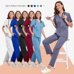 工場卸売りvネック分体手術服セット女性病院ブラシ手服弾力半袖看護師作業服印字