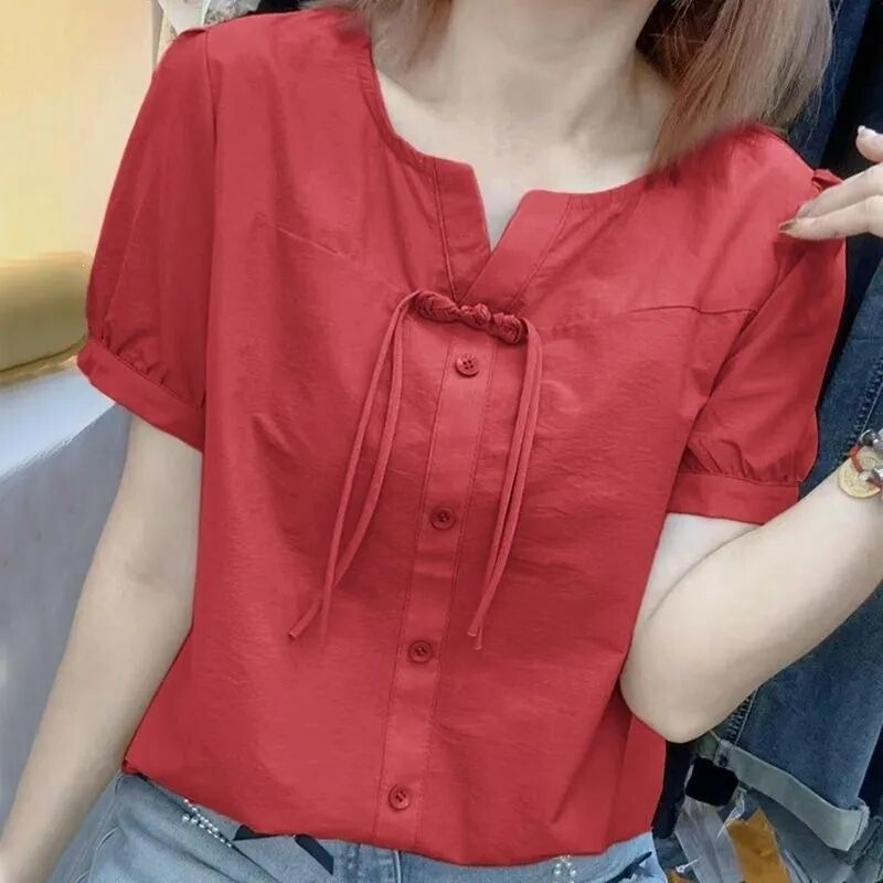 Pure Cotton Chinese-Style Button-Up Short-Sleeve Thin Waist-Cinching Slimming Shirt 2026 Summer New Loose Blouse Top