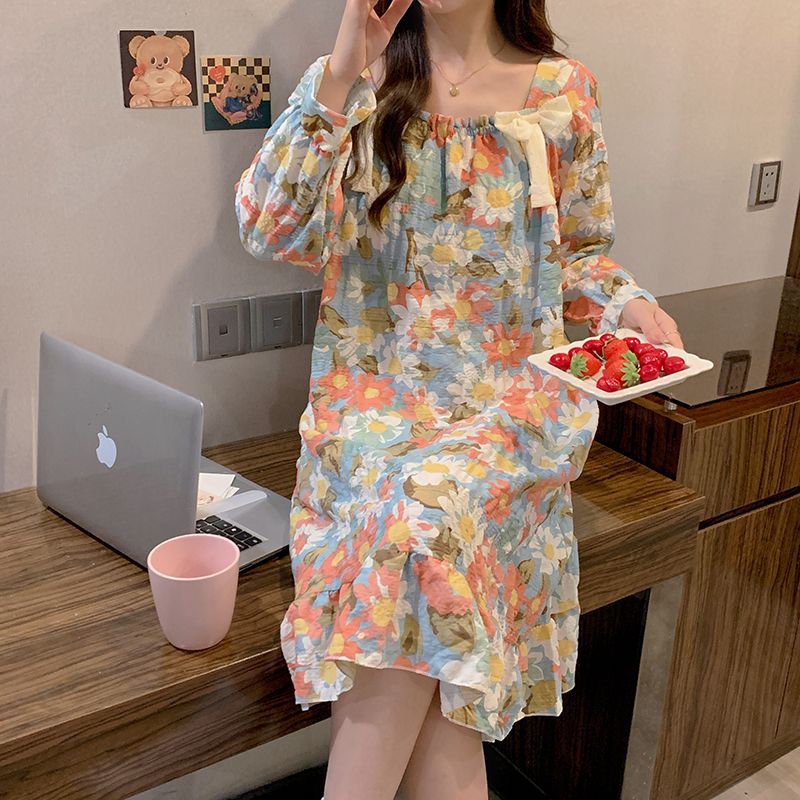 Nube de algodón pijama de primavera y otoño de mujer nuevo tipo con almohadilla de pecho dulce flor triturada pijama de mangas largas princesa ropa de hogar se puede usar fuera