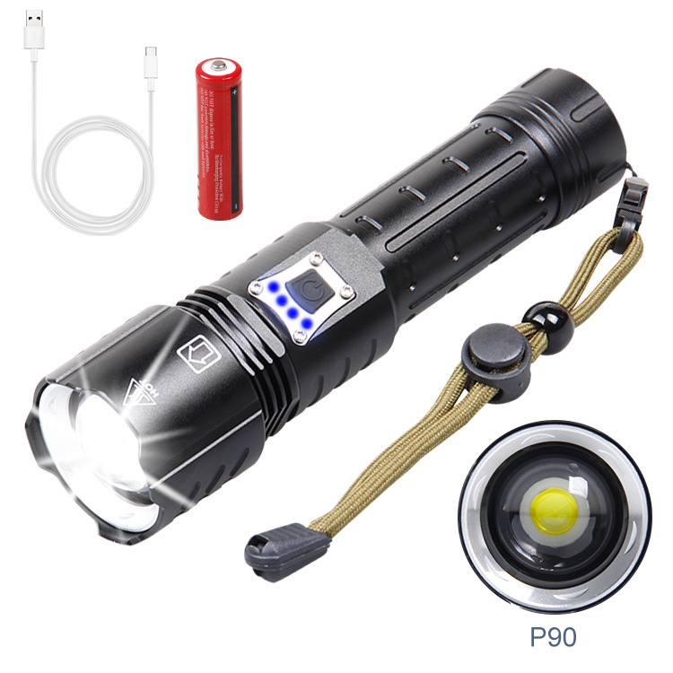 New cross-border XHP90 strong USB charging power display white laser LED telescopic zoom output flashlight
