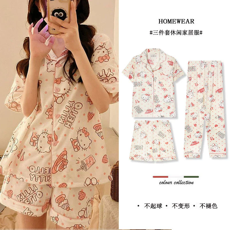 Пижамный набор Hello Kitty на осень (Hello Kitty) милый японский стиль, хлопок с длинным рукавом, размеры M–XXL