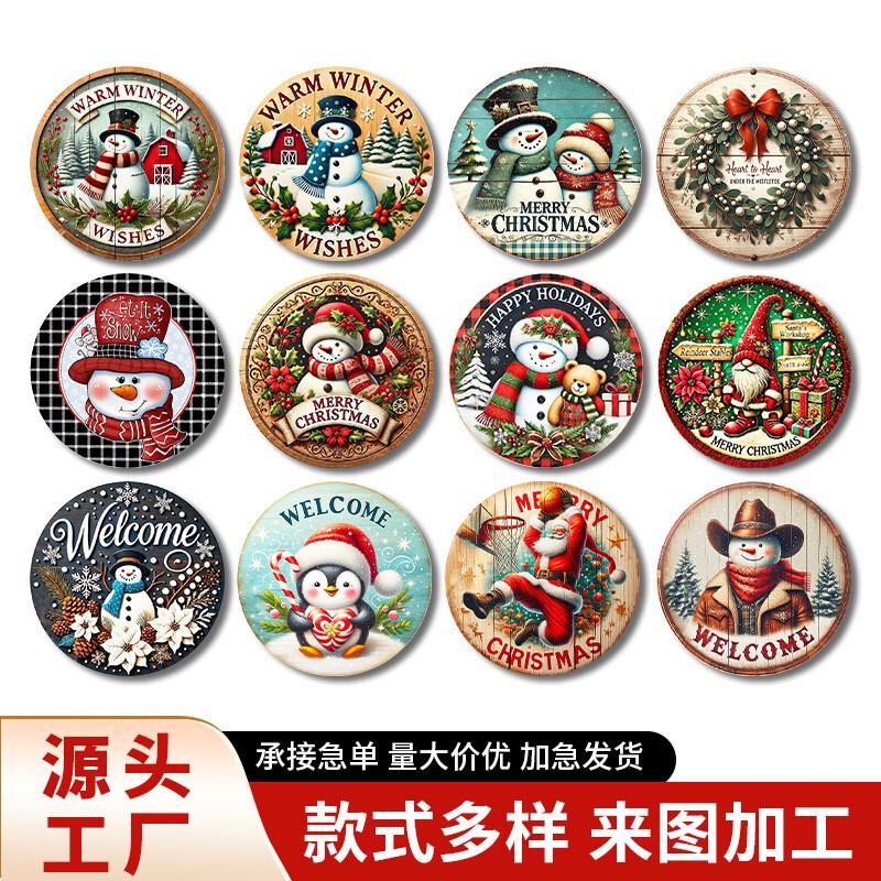 跨境新款木制圣诞彩色雪人圣诞老人悬挂装饰户外节日派对装饰挂件|undefined