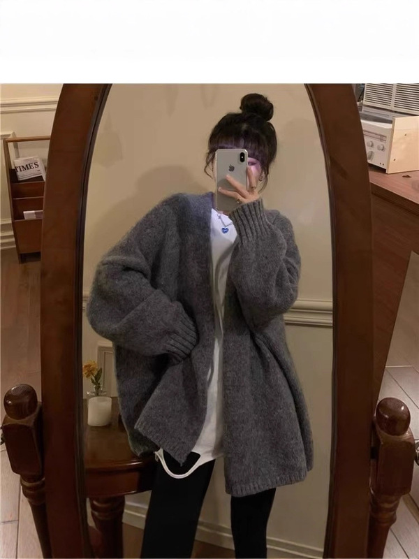 韩系软糯针织开衫女外穿秋冬季高级感宽松慵懒风中长款毛衣厚外套|undefined