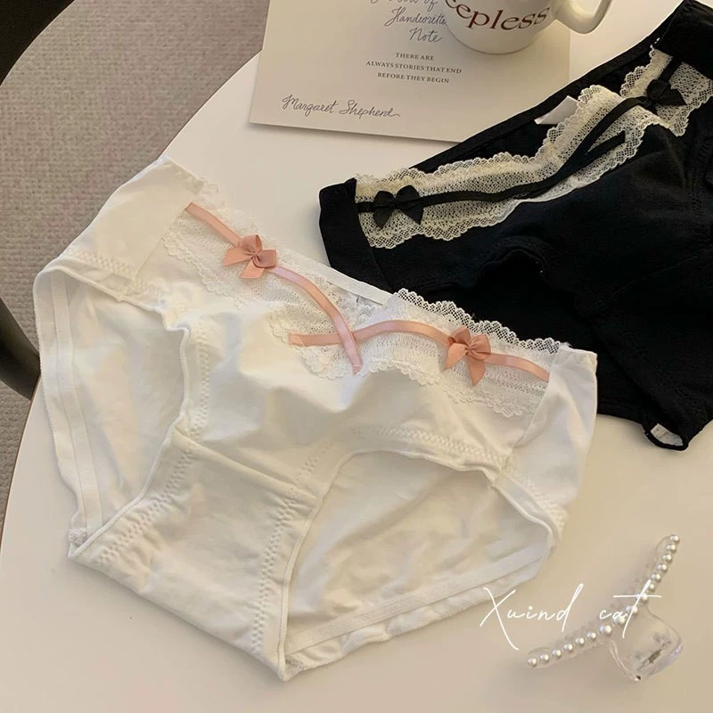 Нижнее белье для девочек в японском и корейском стиле, сексуальные трусы с кружевными краями, женские трусы с бантом со средней и низкой талией