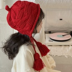 儿童帽子秋冬新女童宝宝毛线帽女孩针织护耳帽单辫流苏奶嘴挂球帽