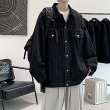 vintage美式复古纯黑色牛仔外套潮牌男夏季春秋短款工装夹克褂子