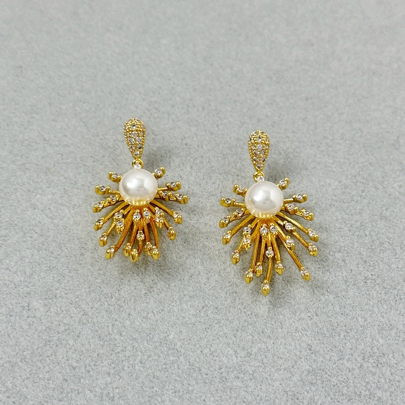 8g Weight 1 Pair Elegant Fireworks Pearl Plating Brass Zircon Drop Earrings