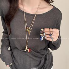 韩系银色串珠小马项链女小众设计感可调节抽拉毛衣链时尚百搭配饰