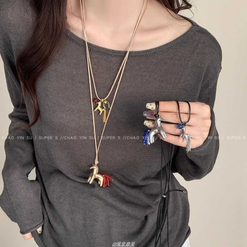 韩系银色串珠小马项链女小众设计感可调节抽拉毛衣链时尚百搭配饰