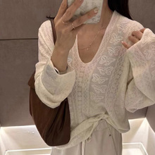 万针提花蝴蝶 欧根纱羊毛长袖白色针织衫小衫女罩衫薄气质雅上衣