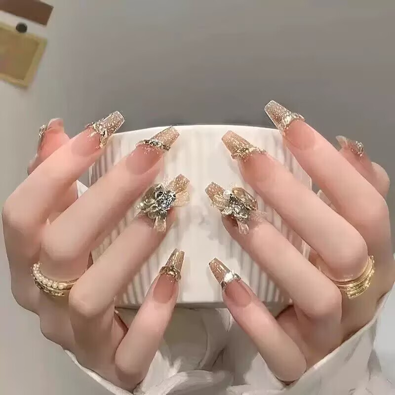 Trendy New Organza Butterfly Design with Gold Rhinestones Finished Nail Art, High-End Wearable Nails