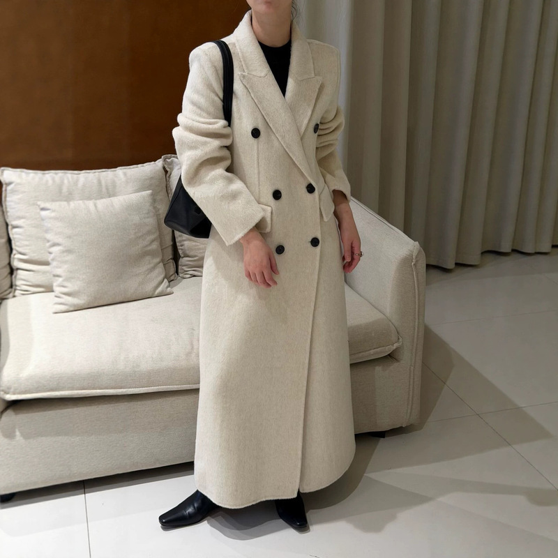 [125cm Slim Waist] Suit Collar Alpaca Wool Korean Style Double-Breasted Wool Coat for Women, High-End Woolen Outerwear