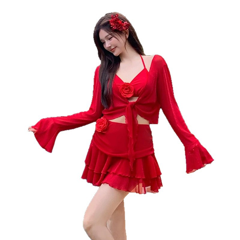 Plus-size Women's Swimsuit In Bright Red, Four-piece Bikini Set With Long Sleeves, Sun Protection, Sexy And Pure Desire_voghion.com