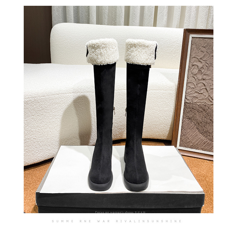 New high, long, heavy-soled lamb fleece boots with chunky heels_voghion.com