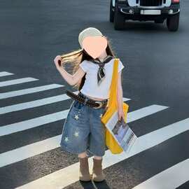 女童套装2026夏装新款女宝星星印花牛仔短裤儿童修身百搭T恤套装