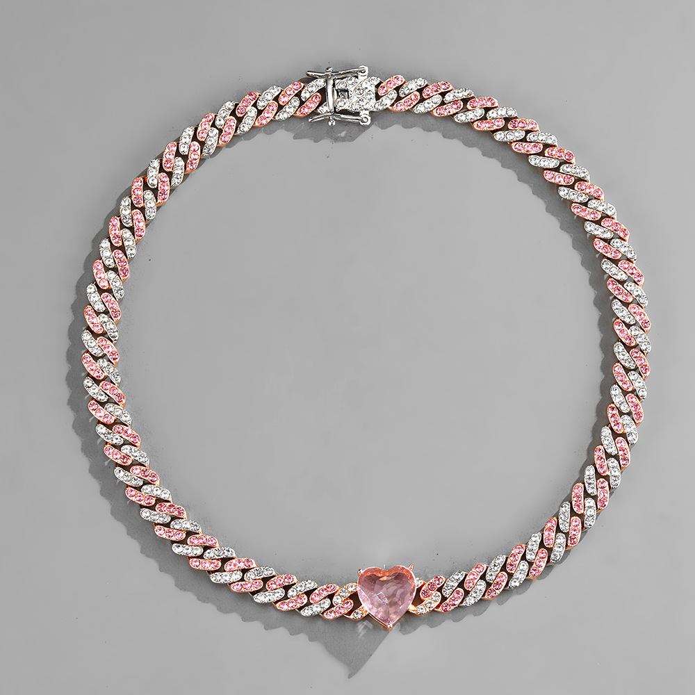 Necklace Classification European And American Fashion Two-color Heart Hip-hop Cuban Chain Alloy Color Rhinestone Necklace