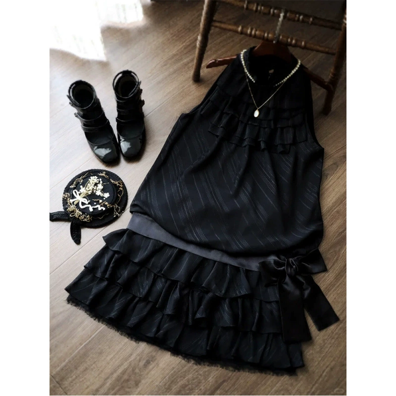 Винтажный элегантный комплект из топа с бантом и юбки черного цвета для женщин 2025