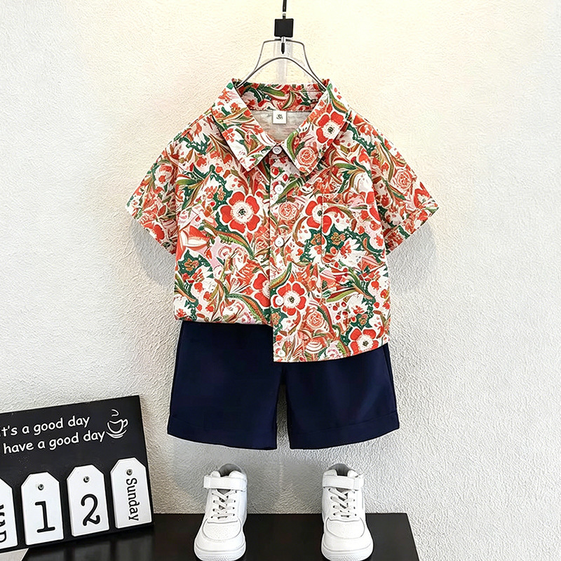 New children's short-sleeved summer clothes, boys' beach style floral shirt, vacation style, thin summer baby shirt