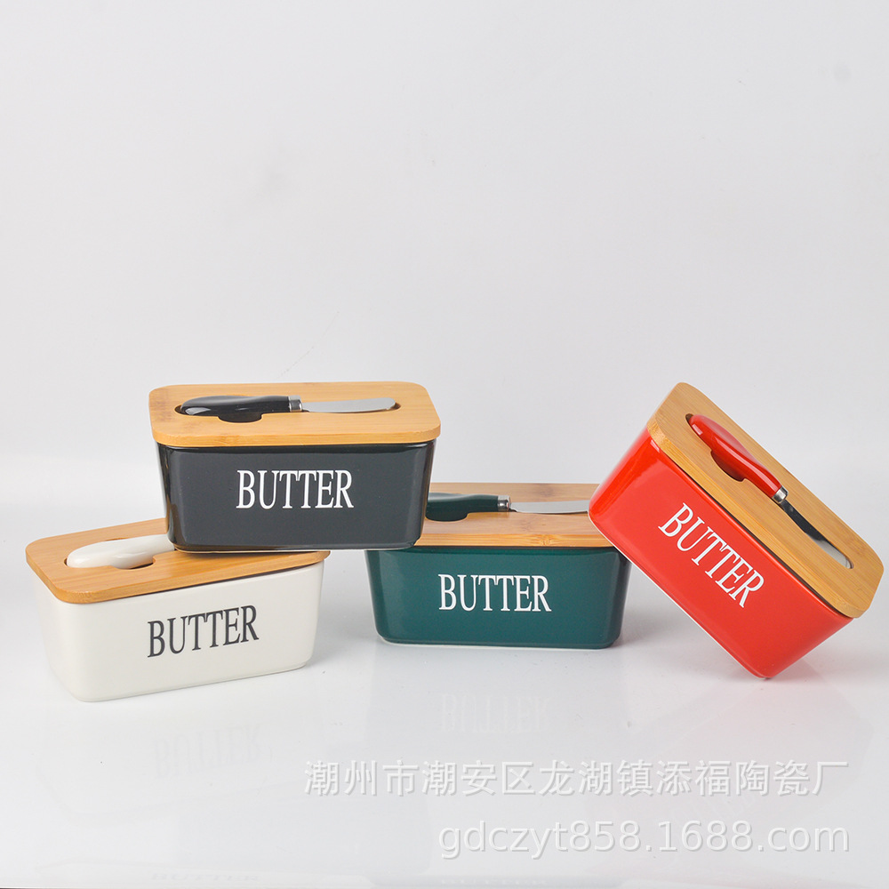 Caja de mantequilla de cerámica de explosión transfronteriza caja de queso doméstica de gran capacidad tazón de mantequilla con cuchillo cubierta de madera de bambú