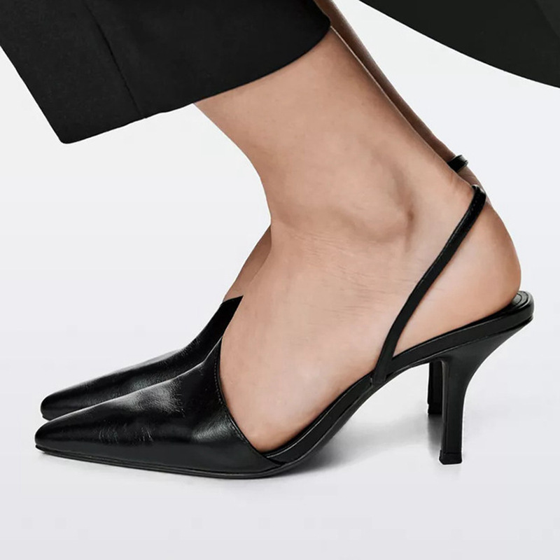 Sexy Foreign Trade Women's Shoes, Genuine Leather High Heels, Summer Commuting Sandals with One-Strap Buckle, Side Cut-Out Pointed Toe Stiletto Mules
