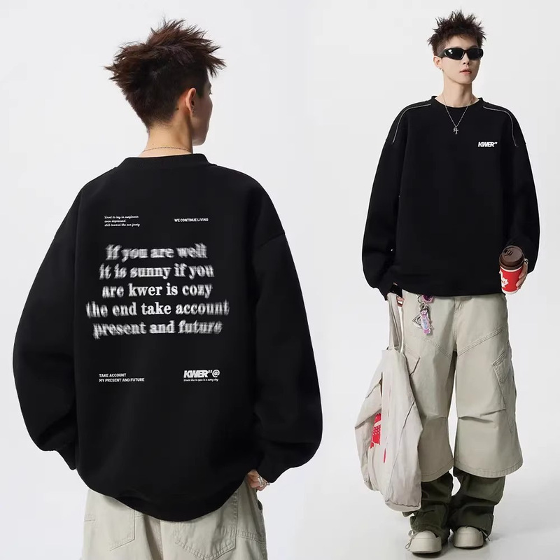 Blurred Letter Print Sweatshirt for Boys, Youthful Style, Round Neck Jacket, Spring and Autumn High Weight American Long-Sleeved Top