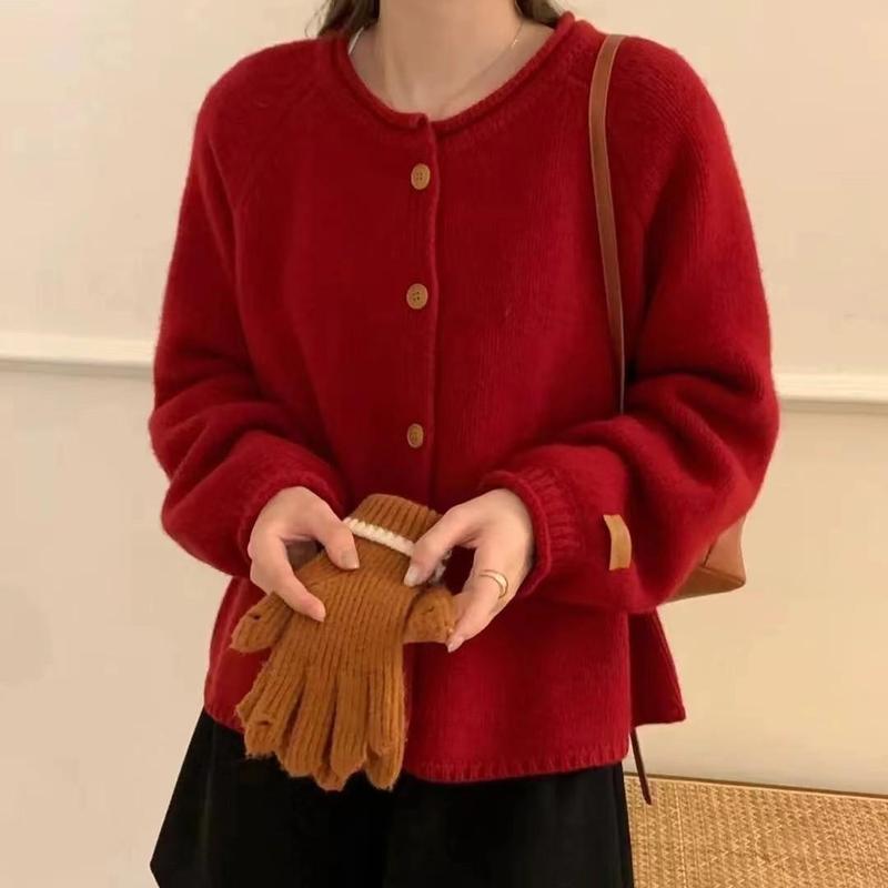 2025秋冬新款女装慵懒风宽松纯色针织开衫女毛衣外套上衣63粉色|undefined