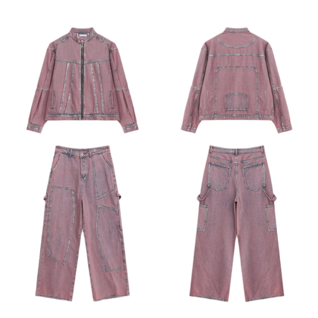Men's Clothing Dopamine pink denim jacket coat suit men's painted pleated high street couple two piece suit_voghion.com