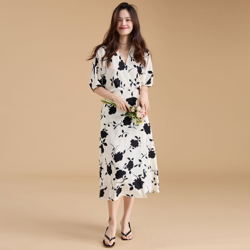 Clearance Sale: Summer National Style French Retro Black and White Printed One-Piece Wrap Dress, Chinese Elegant Dress 232501