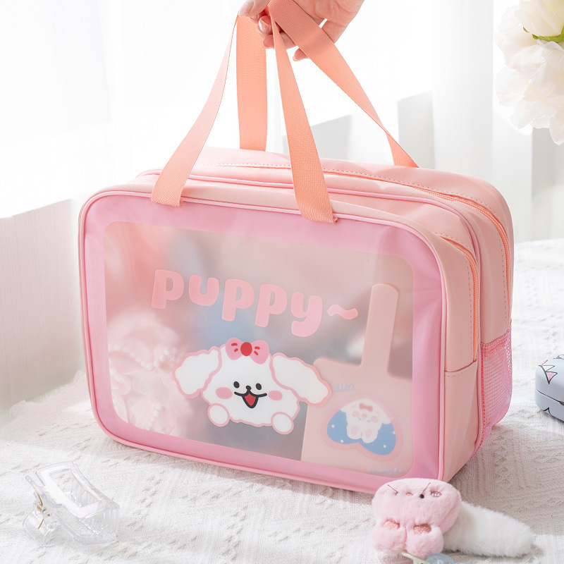 파티 도그 핑크 더블 레이어 건식 및 따뜻한 분리 세면도구 가방