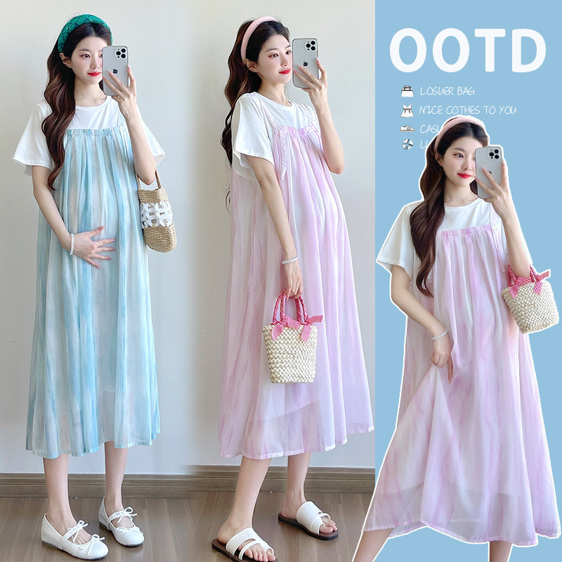 2025 Maternity Summer Dress New Fashion Fake Two-Piece Loose T-Shirt Long Skirt Summer Maternity Skirt