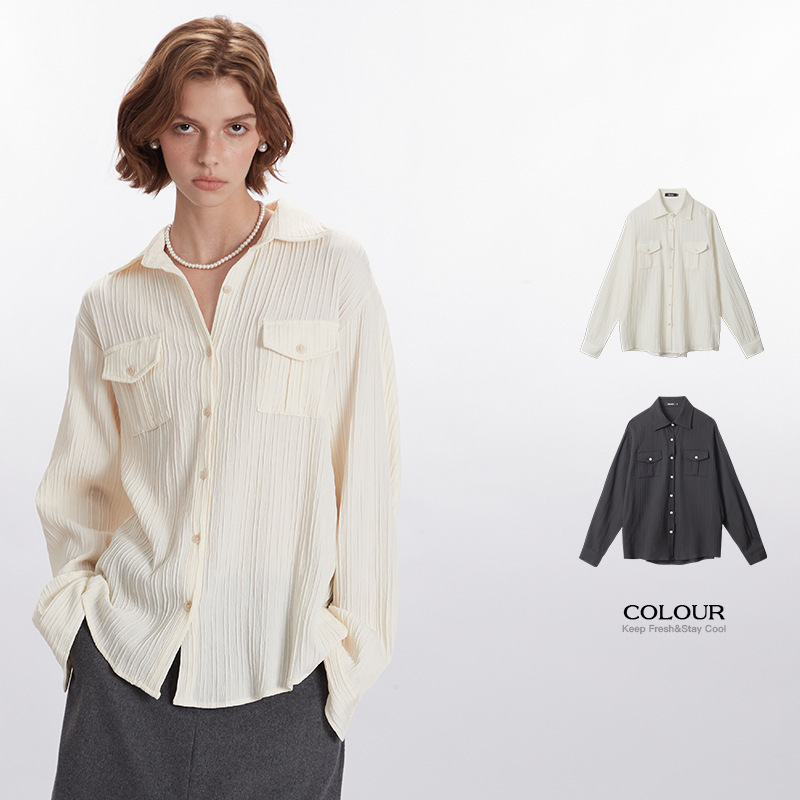 Heyhenry2025 New Autumn and Winter European and American Niche Lapel Shirt Women's Loose Top Long-Sleeved Design Versatile