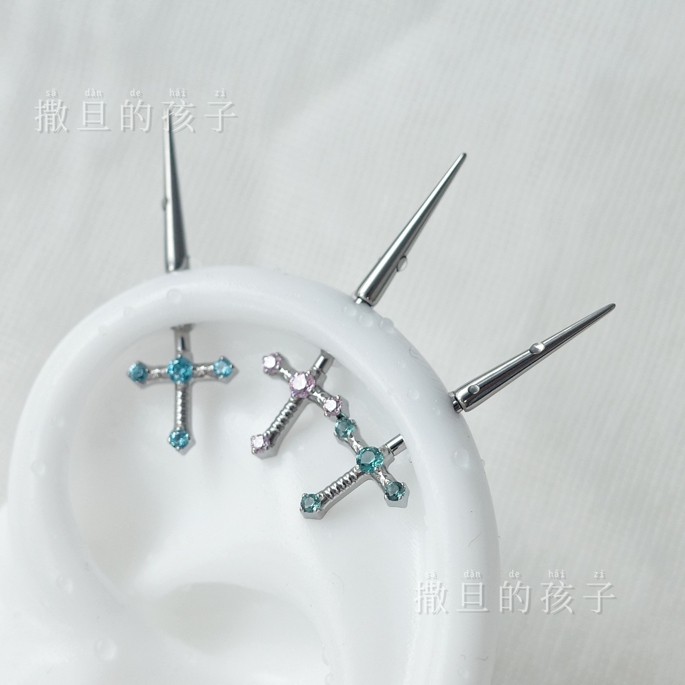 F136 Titanium Alloy Holy Sword Ear Studs with Diamond-Encrusted Devil Motif, Internally Threaded Cartilage Studs, Sweet and Cool Style detail image 9