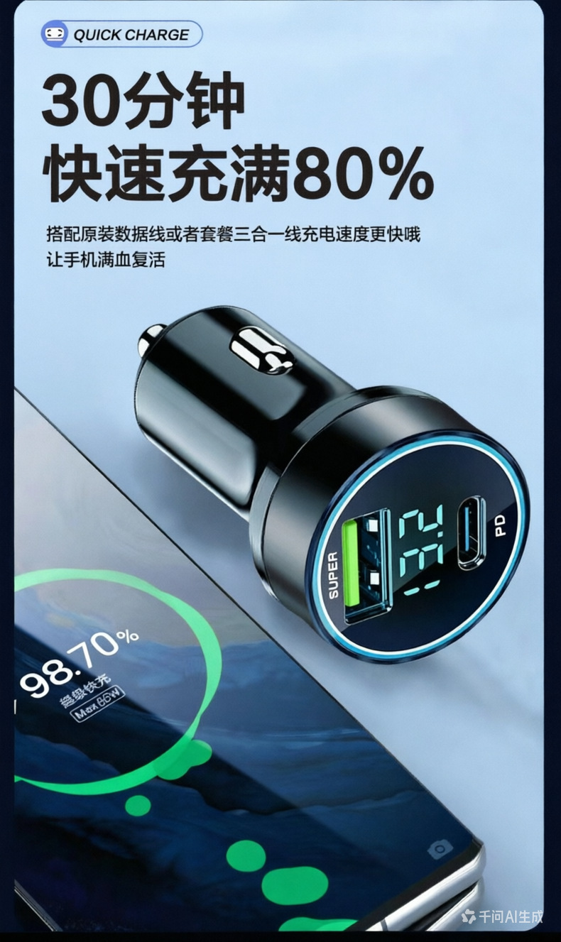 Digital Display 120W Car Mobile Phone Charger Super Fast Charging Suitable for Huawei and Apple Pd Flash Charging Aluminum Alloy Car Charger