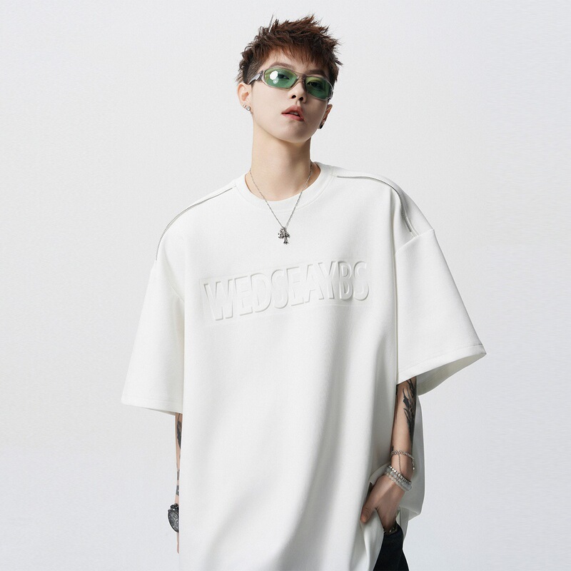 ヘビーウェイト半袖 Tシャツメンズ 2025 新作夏服レタープリントルーズカジュアルラウンドネック半袖 Tシャツイン|undefined
