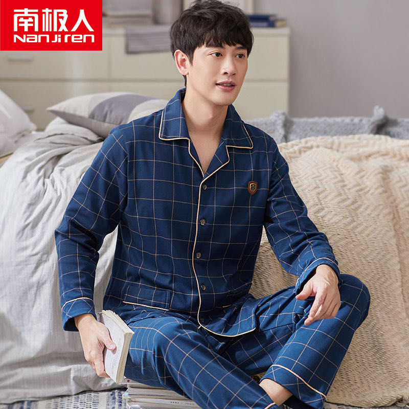 Pijamas de los hombres de manga larga de primavera y otoño 100% algodón de la Juventud de mediana edad más el tamaño de ocio ropa de casa traje