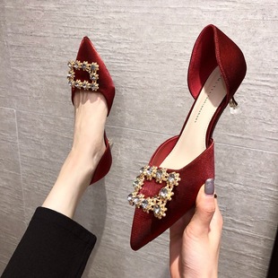 456-25 Burgundy High Heels Spring Pointed Toe Square Buckle Rhinestone Design Hollow Shoes for Women