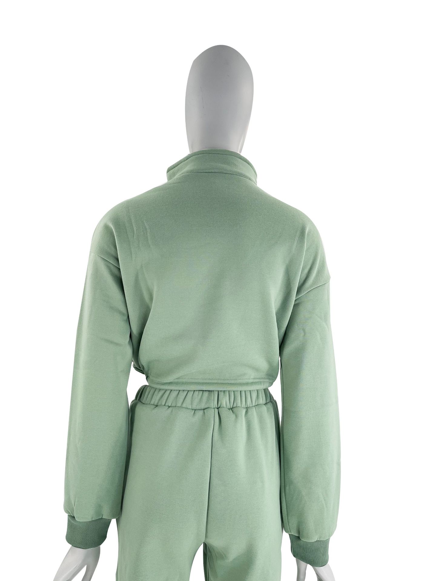 Women's Clothing 2024 autumn and winter solid color stand up collar zipper drawstring navel baring plus velvet sweatshirt casual sweatpants suit_voghion.com